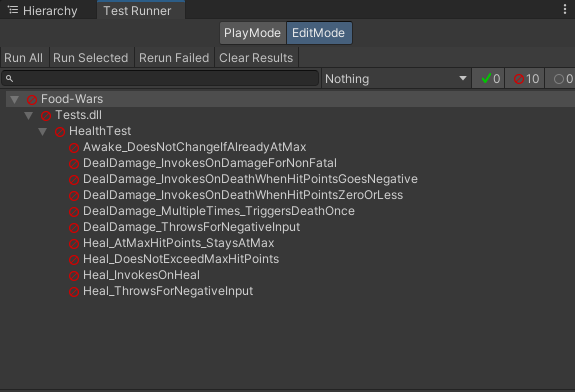 An Inspector window showcasing all tests failed.