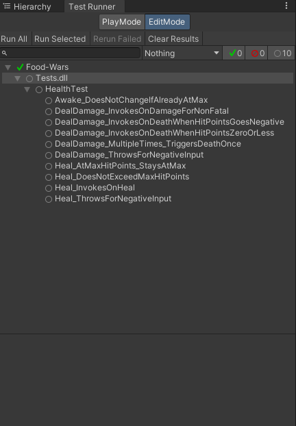 An Inspector window showcasing a multitude of tests that haven't been run yet.