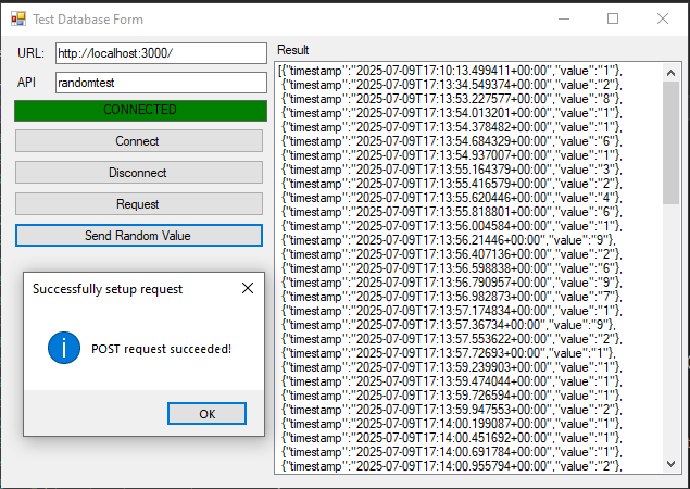 A Winform showing JSON data being sent.
